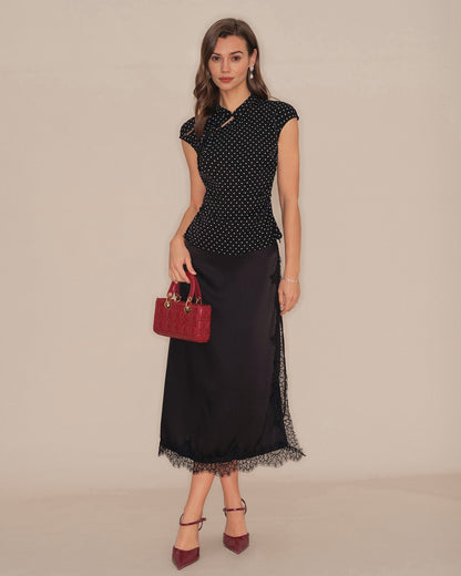 Black Polka Dot Mandarin Collar Tee